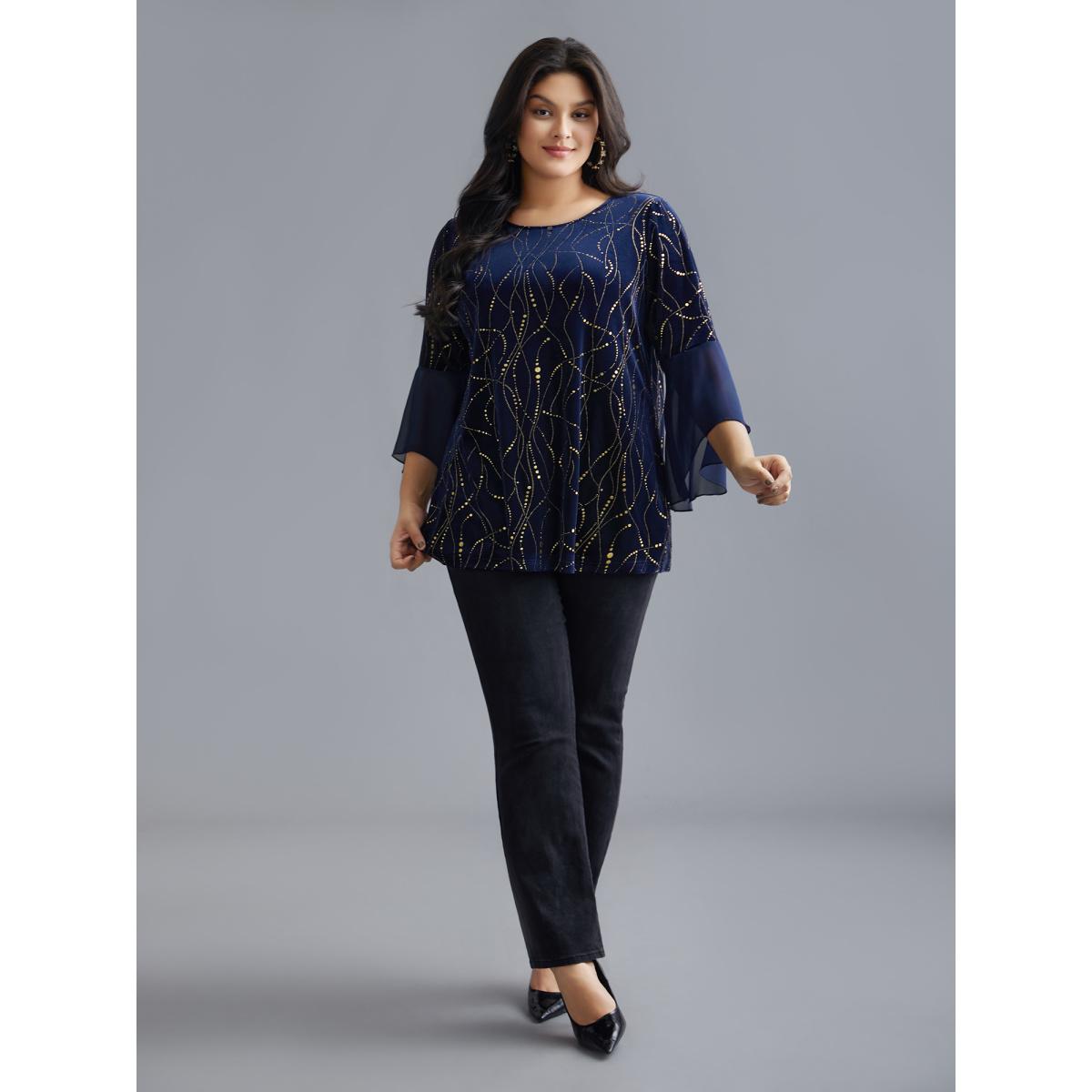 Plus Size Indigo Velvet Glitter Mesh Bell Sleeve Patchwork Blouse Women Cocktail Elbow-length sleeve Round Neck Party Blouses BloomChic 12/L Product Image