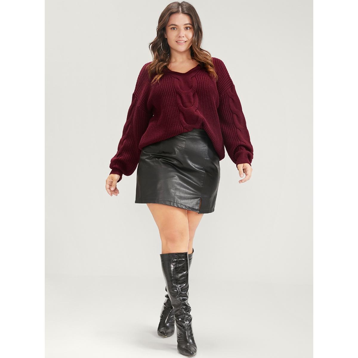 Plus Size Solid Pointelle Knit V Neck Cable Knit Top Scarlet Women Elegant Loose Long Sleeve V-neck Dailywear Pullovers BloomChic 26/4X Product Image