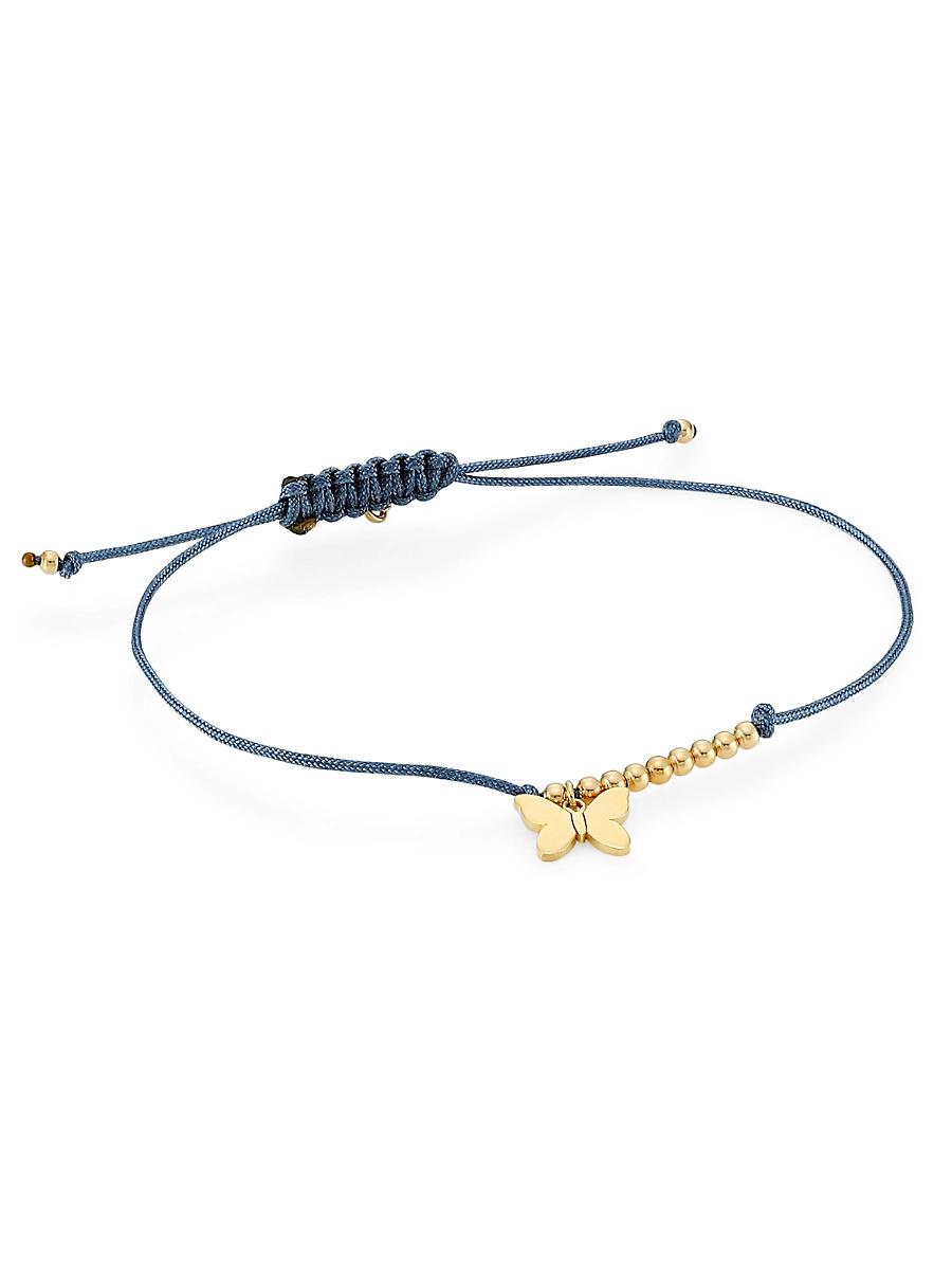 Womens 14K Yellow Gold & Butterfly Charm Blue Cord Bracelet Product Image