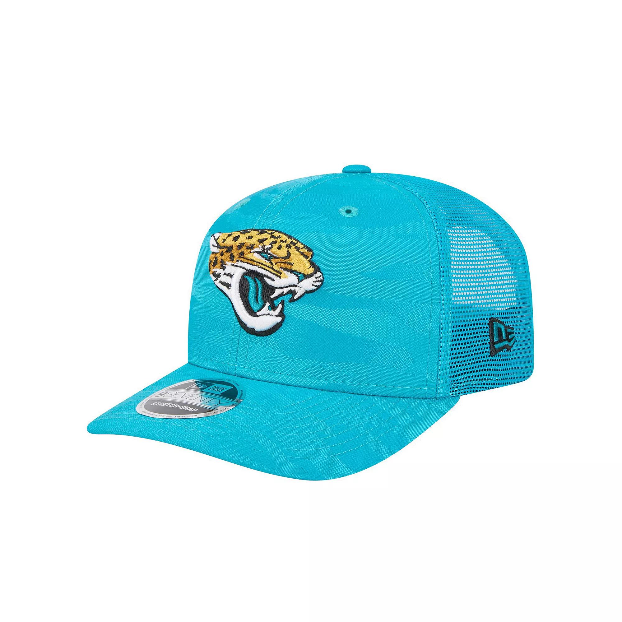 Men's New Era Teal Jacksonville Jaguars Adventure Camo Trucker 9SEVENTY Stretch-Snap Adjustable Hat, Blue Product Image