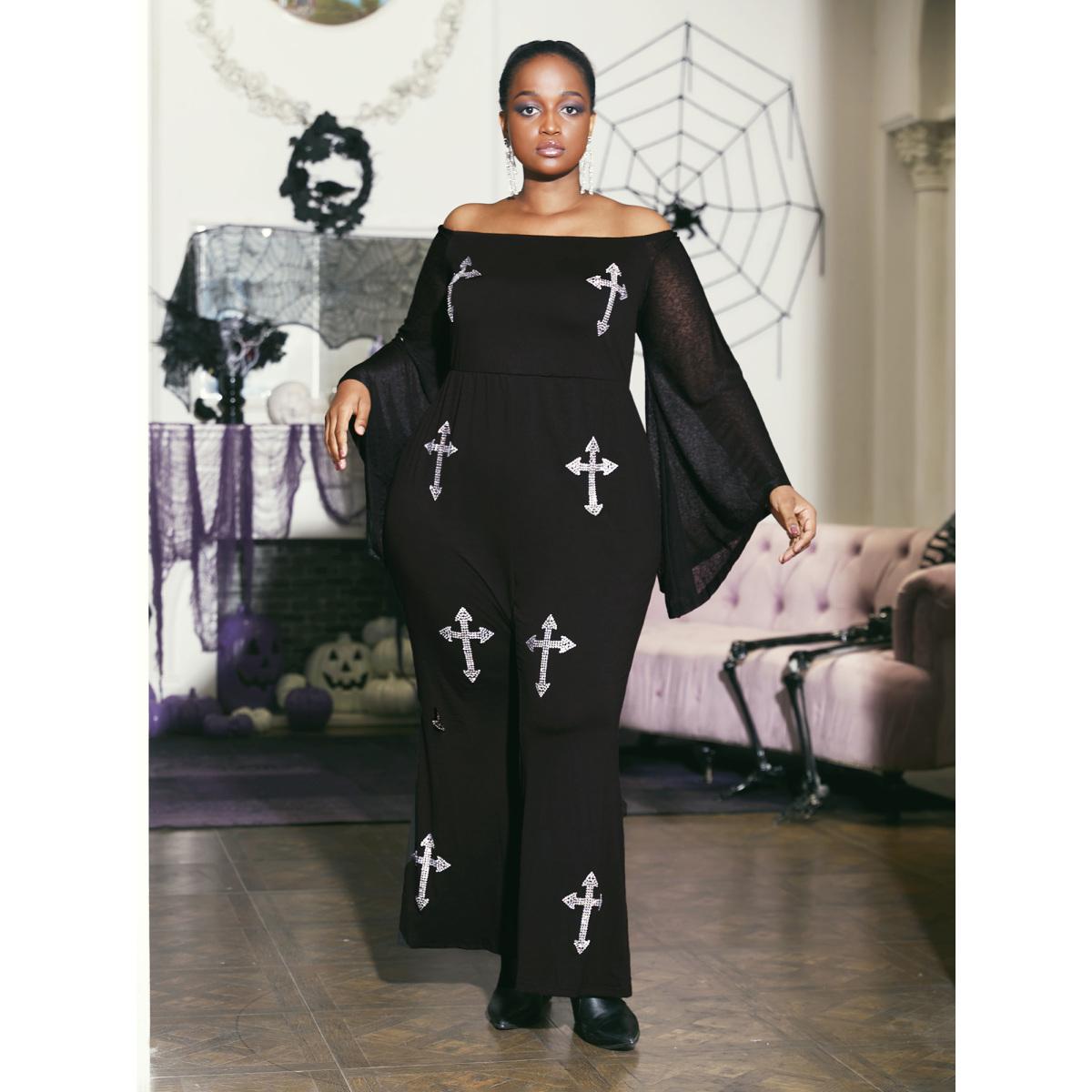 Plus Size Black Gothic Glam Off-Shoulder Waist-Cinching Jumpsuit Women Cocktail Extra Long Sleeve One-shoulder neck Party Loose Jumpsuits BloomChic 22-24/3X Product Image
