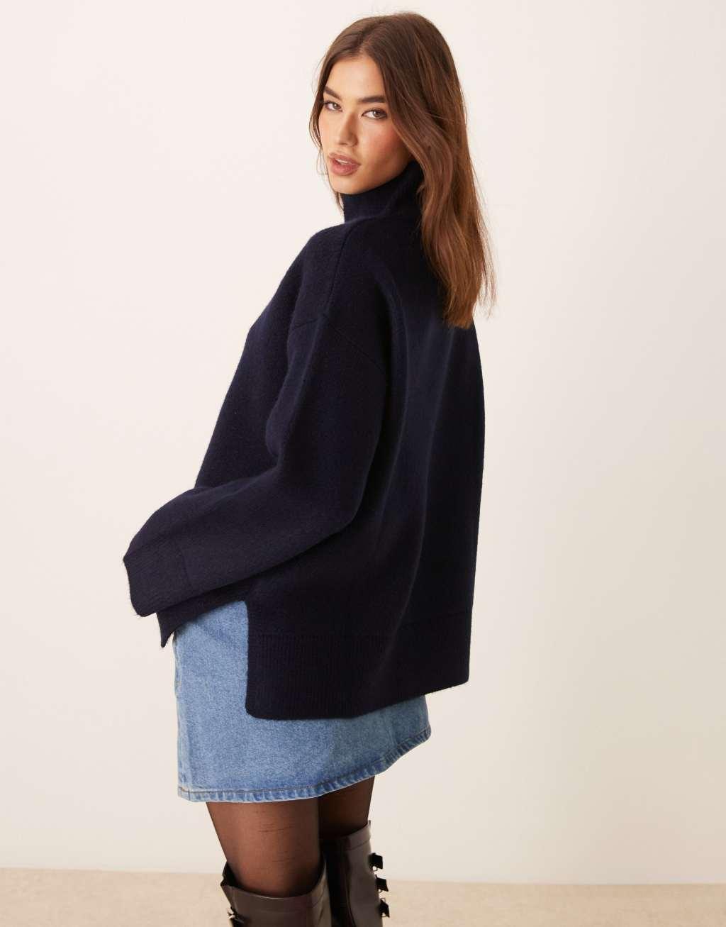 ASOS DESIGN knit high neck structured trapeze sweater in navy Product Image