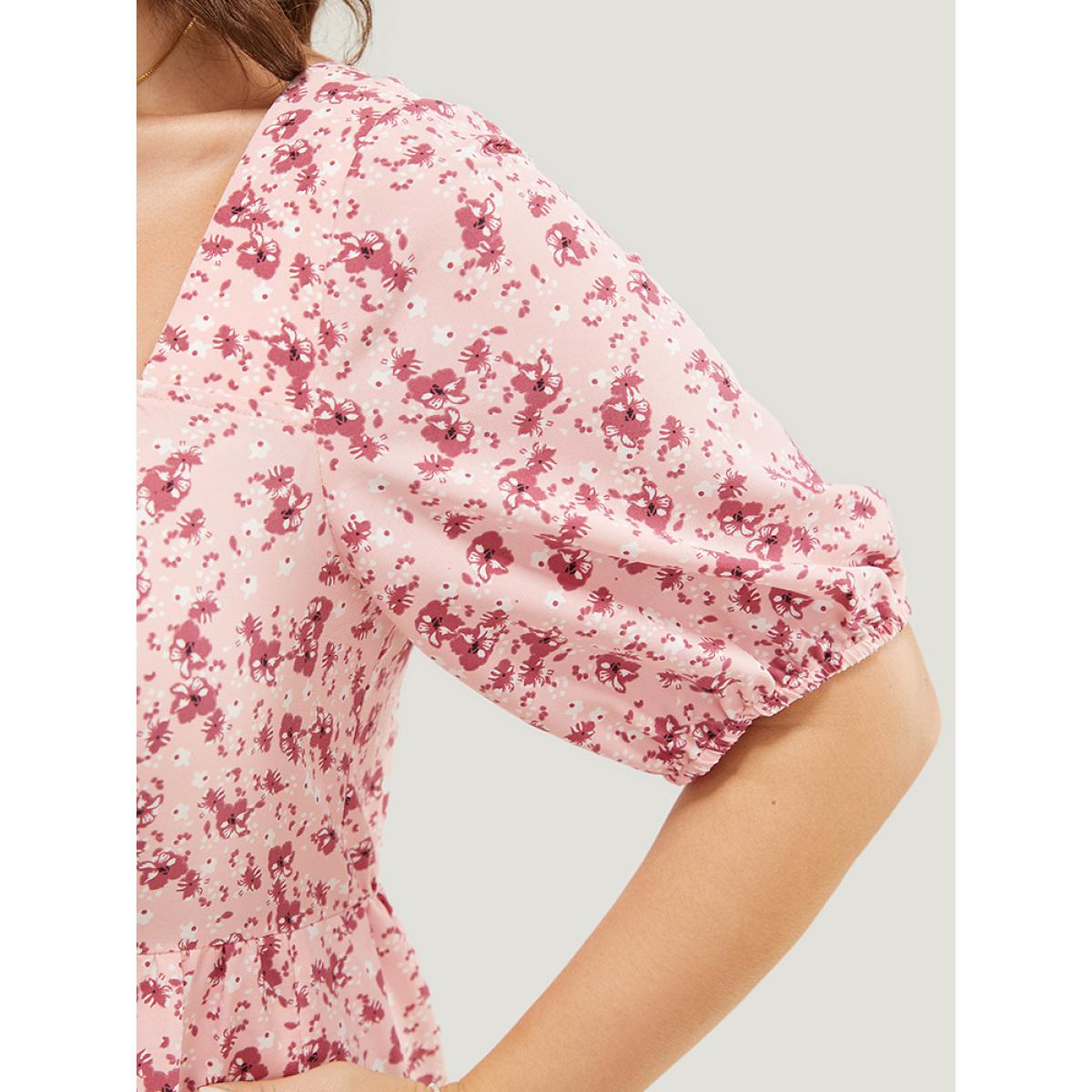 Plus Size Ditsy Floral Ruffle Tiered Pocket Ruched Puff Sleeve Drawstring Dress Watermelon Women Elegant Non Square Neck Short sleeve Curvy BloomChic 22-24/3X Product Image