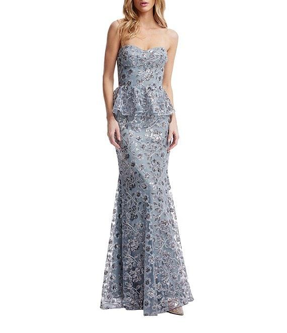 Dress the Population Scarlett Sequin Floral Print Strapless Neck Sleeveless Peplum Gown Product Image