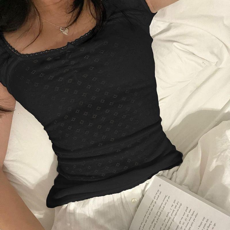 Cap Sleeve / Long Sleeve Square-Neck Lace-Trim Bow Accent Plain Pointelle Crop Top Product Image