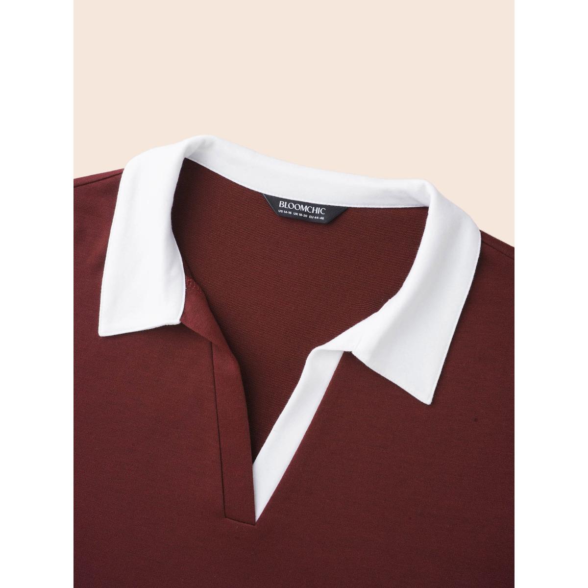 Plus Size Polo Neck Contrast Patchwork Sweatshirt Women Burgundy Casual Contrast Polo Everyday Sweatshirts BloomChic 14-16/1X Product Image