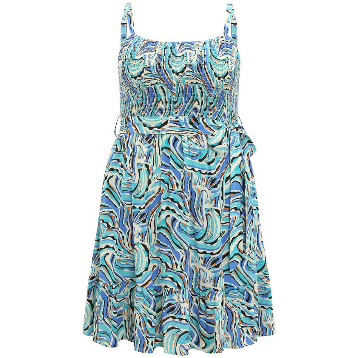 Plus Size Water Ripple Print Shirred Pocket Belted Cami Dress Arctic Women Elegant Pocket Spaghetti Strap Sleeveless Curvy Knee Dress BloomChic 22-24/3X Product Image