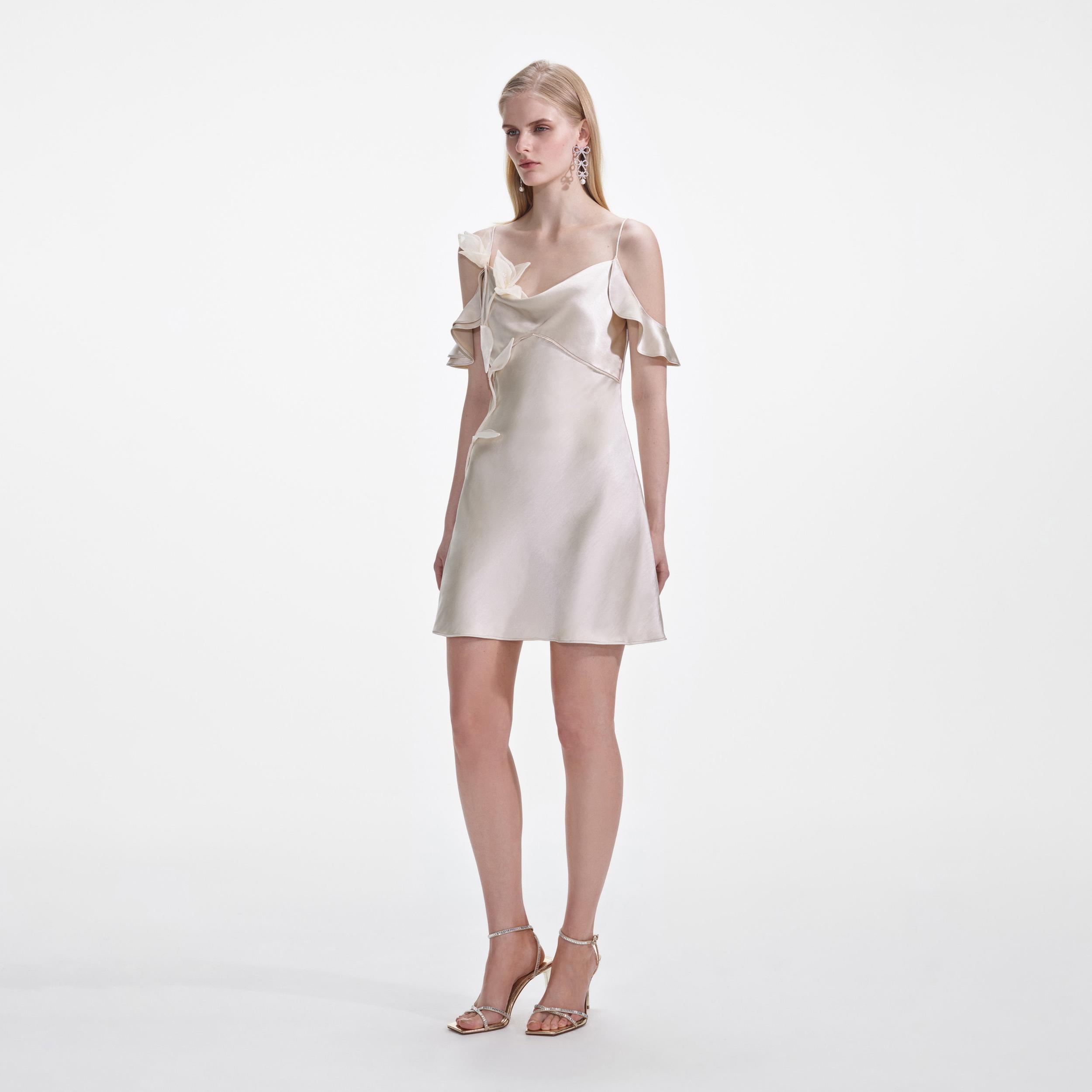 Champagne Flower Satin Mini Dress Product Image