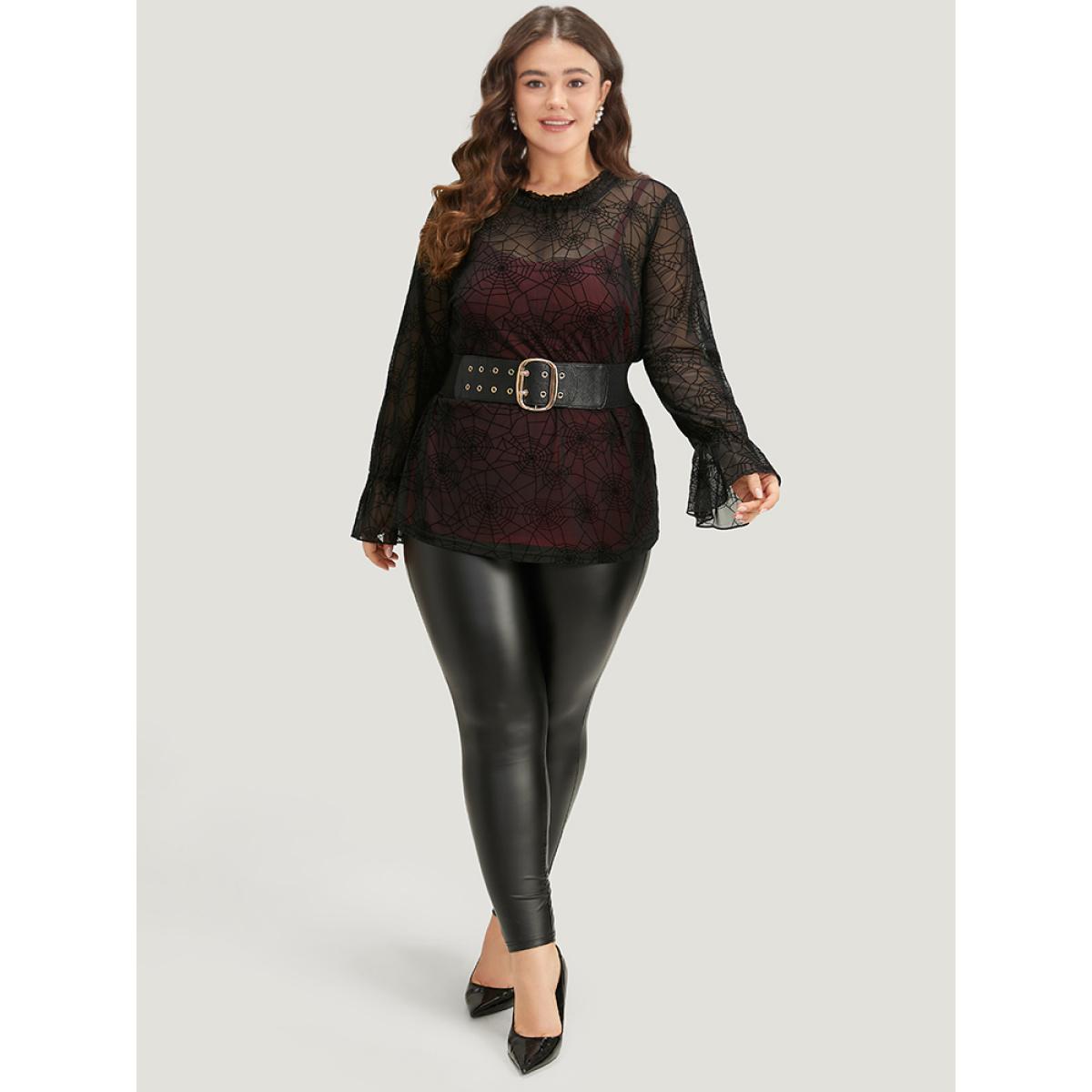 Plus Size Black Halloween Spider Web Mesh Bell Sleeve Blouse Women Elegant Long Sleeve Halter neck Festival-Halloween Blouses BloomChic 12/L Product Image