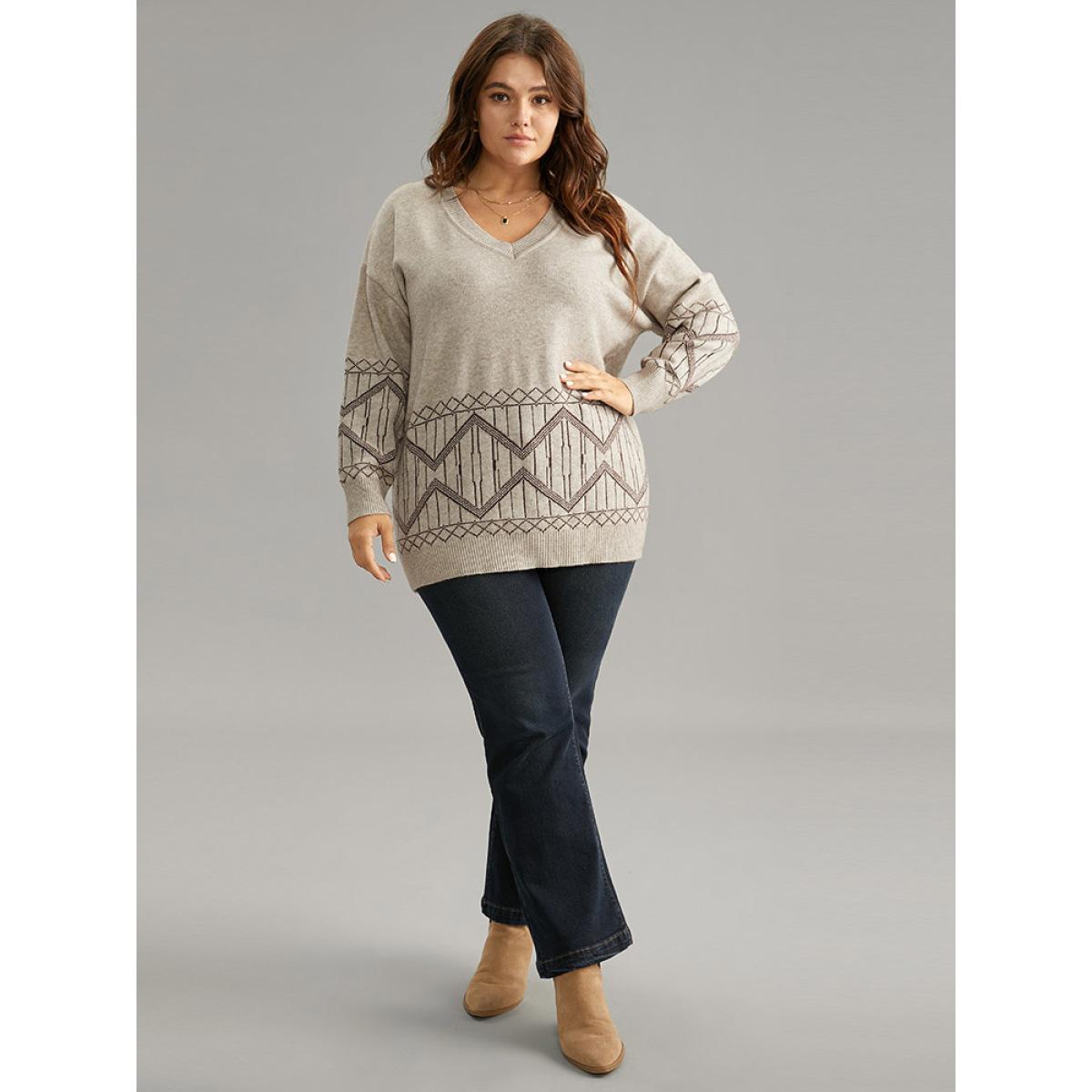 Plus Size Supersoft Essentials Geometric Graphic V Neck Pullover LightBrown Women Casual Loose Long Sleeve V-neck Dailywear Pullovers BloomChic 14-16/1X Product Image