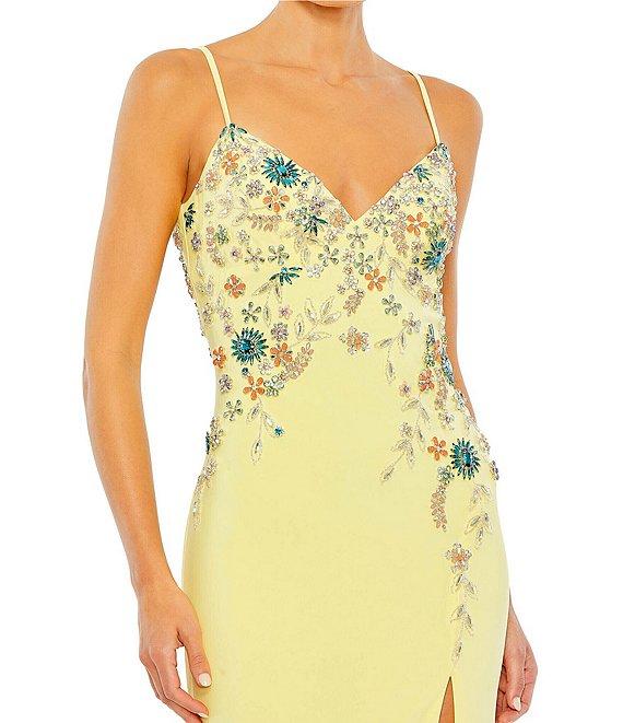 Mac Duggal Multi Color Floral Beaded V-Neck Sleeveless Open Back Detail Thigh High Slit Gown Product Image