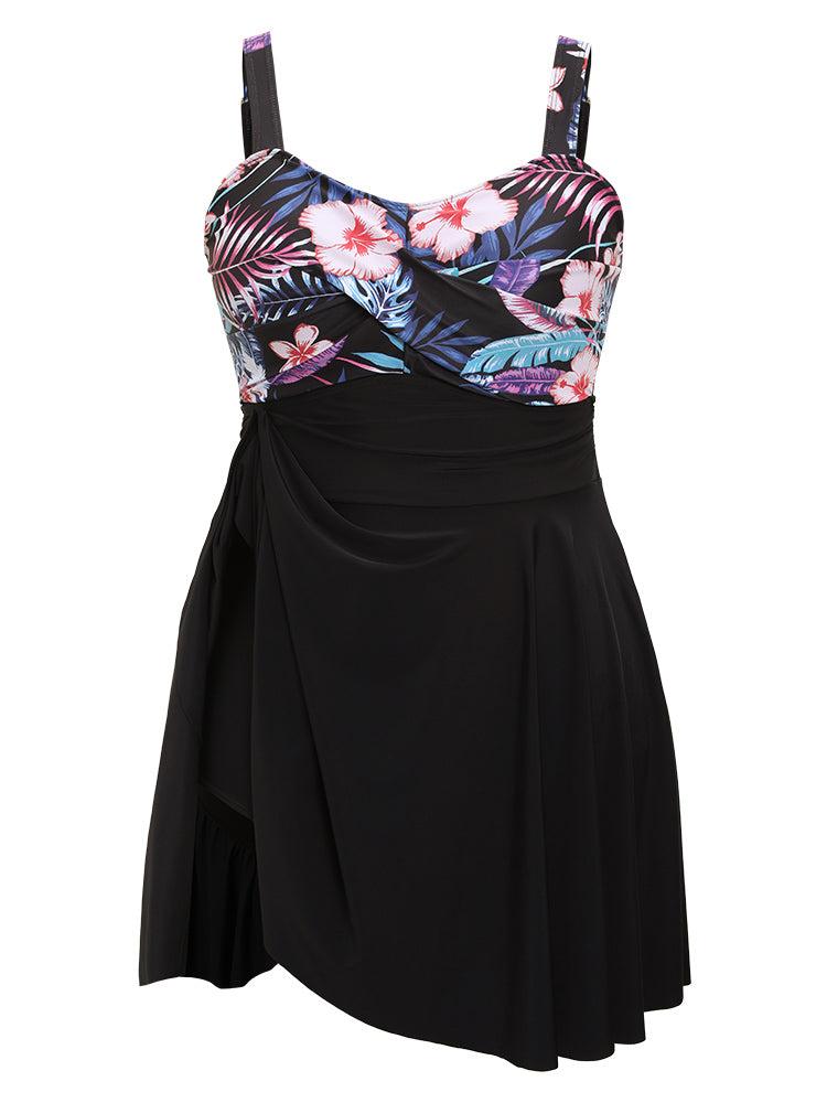 Floral Patchwork Flutter Hem Empire Waist Swim Dress Female Product Image