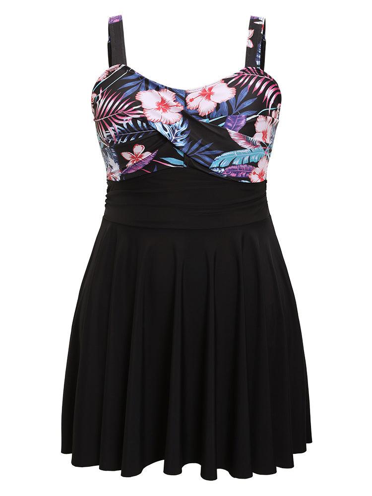 Floral Patchwork Flutter Hem Empire Waist Swim Dress Female Product Image