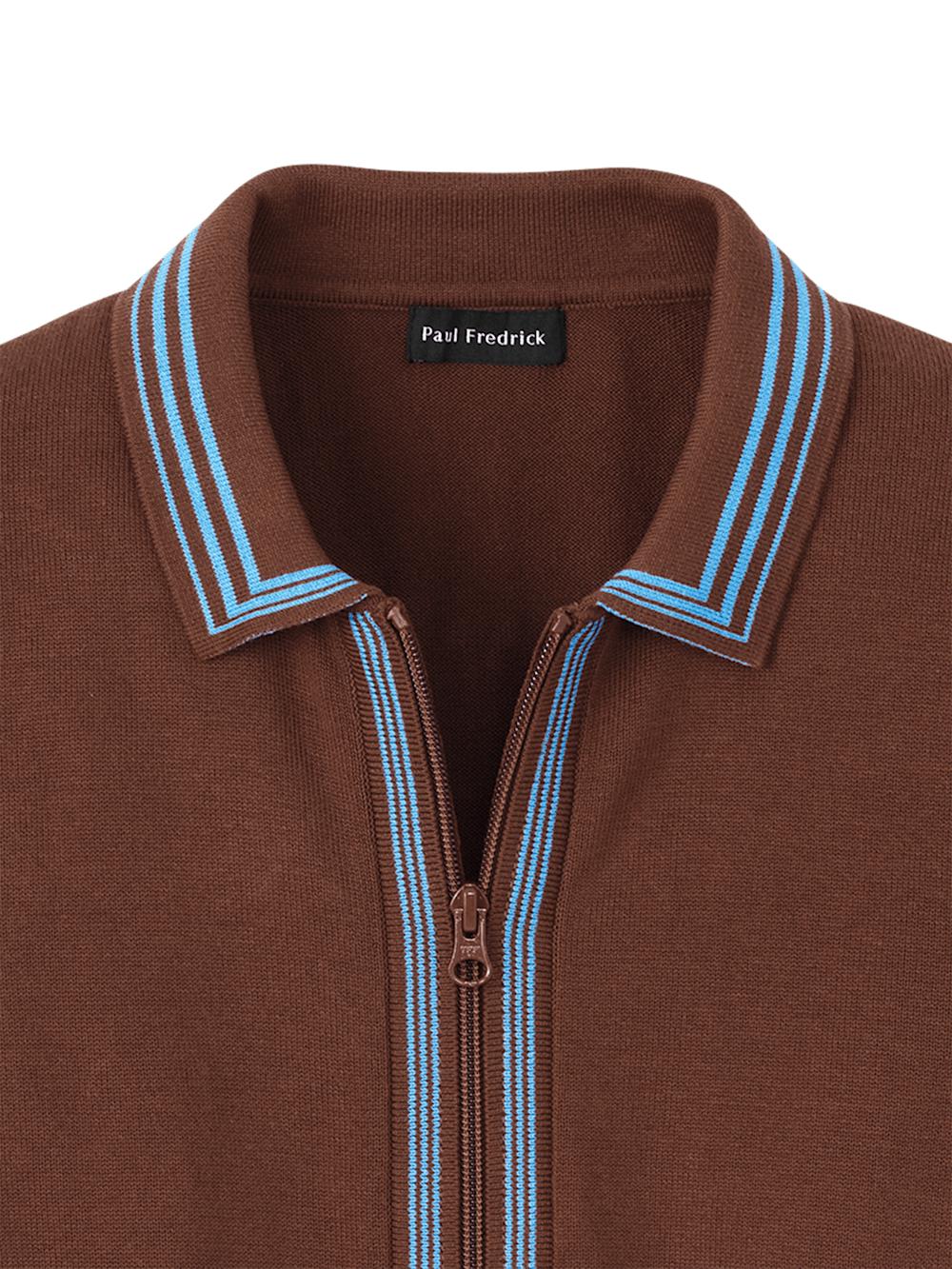 Cotton Full Zip Polo - Brown Product Image