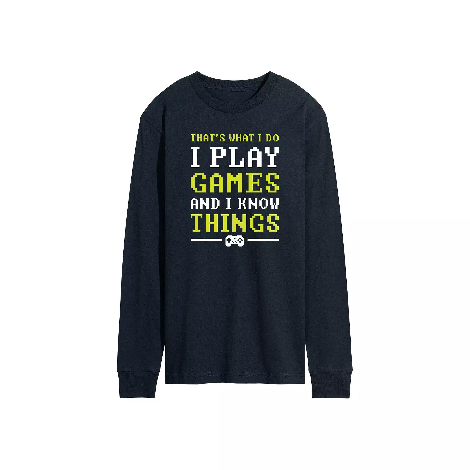 Men's I Play Games And I Know Things Pixel Long Sleeve Graphic Tee,  Product Image