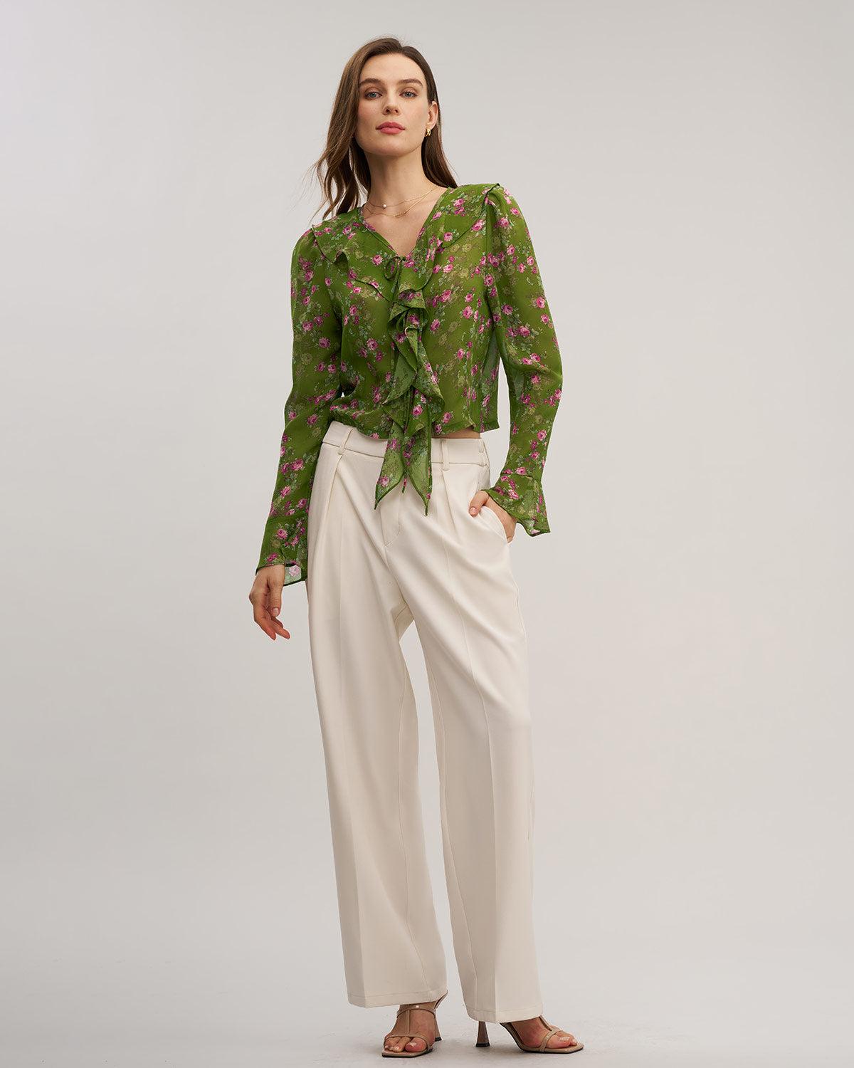 Green Floral Chiffon Ruffle Blouse Product Image