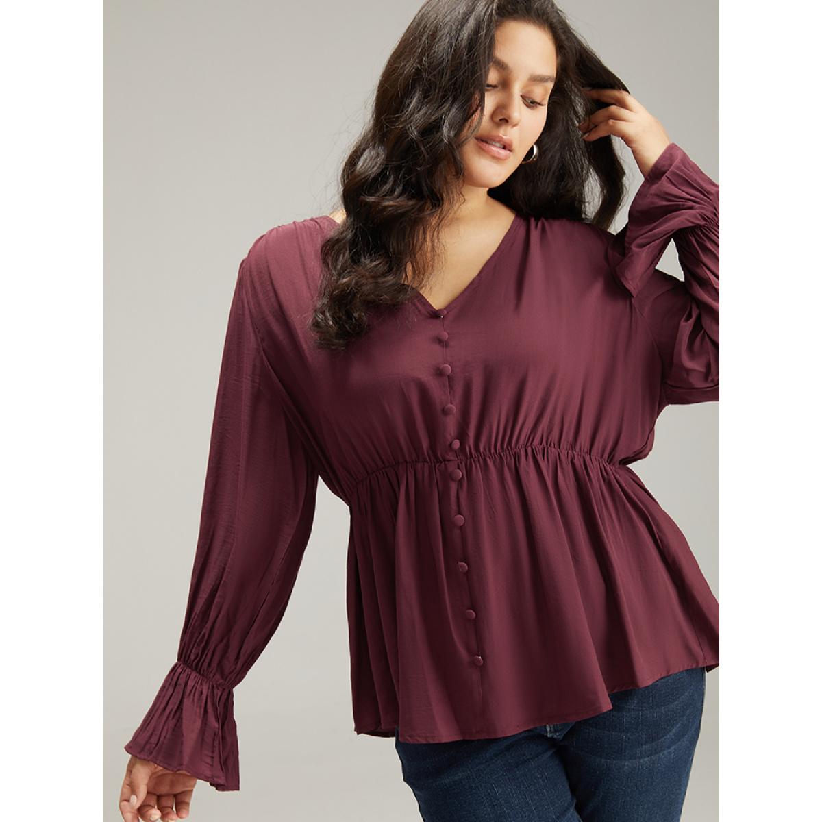 Plus Size Burgundy Button Detail Ruffle Trim Blouse Women Elegant Long Sleeve V-neck Dailywear Blouses BloomChic 18-20/2X Product Image