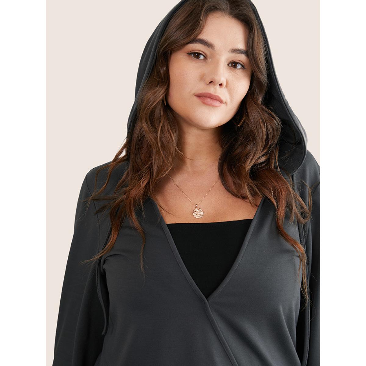 Plus Size Deep V Neck Hooded Drawstring Sweatshirt Women DimGray Casual Plain Hooded Dailywear Sweatshirts BloomChic 12/L Product Image