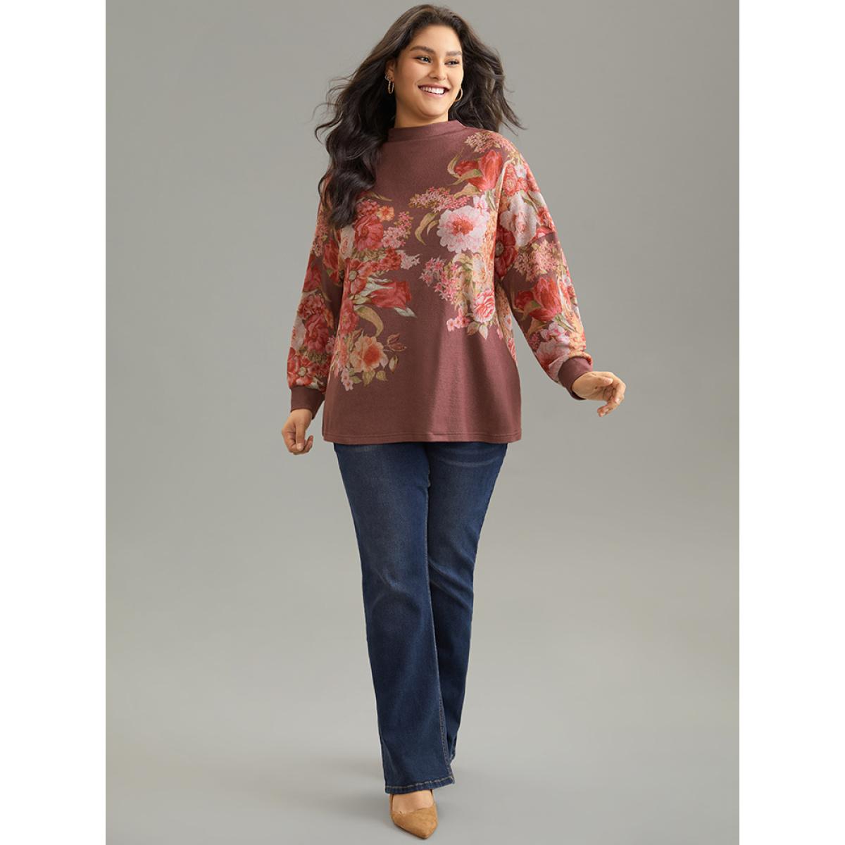 Plus Size Floral Print Mock Neck Elastic Cuffs Sweatshirt Women DarkBrown Elegant Printed Mock Neck Dailywear Sweatshirts BloomChic 18-20/2X Product Image