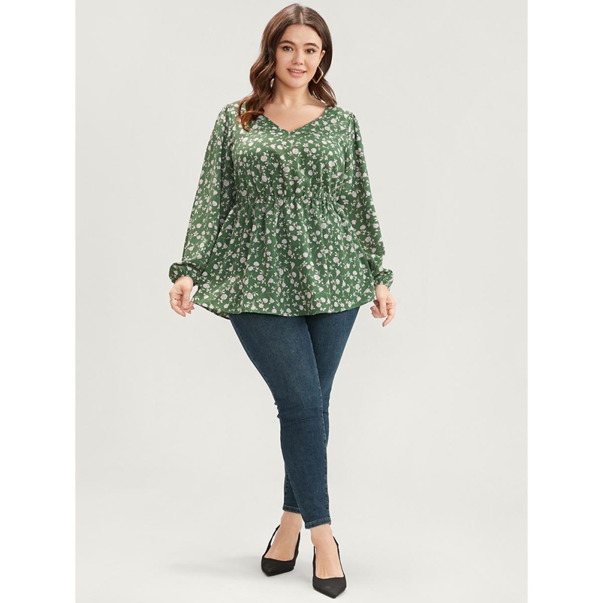 Plus Size Green Ditsy Floral V Neck Lantern Sleeve Blouse Women Elegant Long Sleeve V-neck Dailywear Blouses BloomChic 10/M Product Image