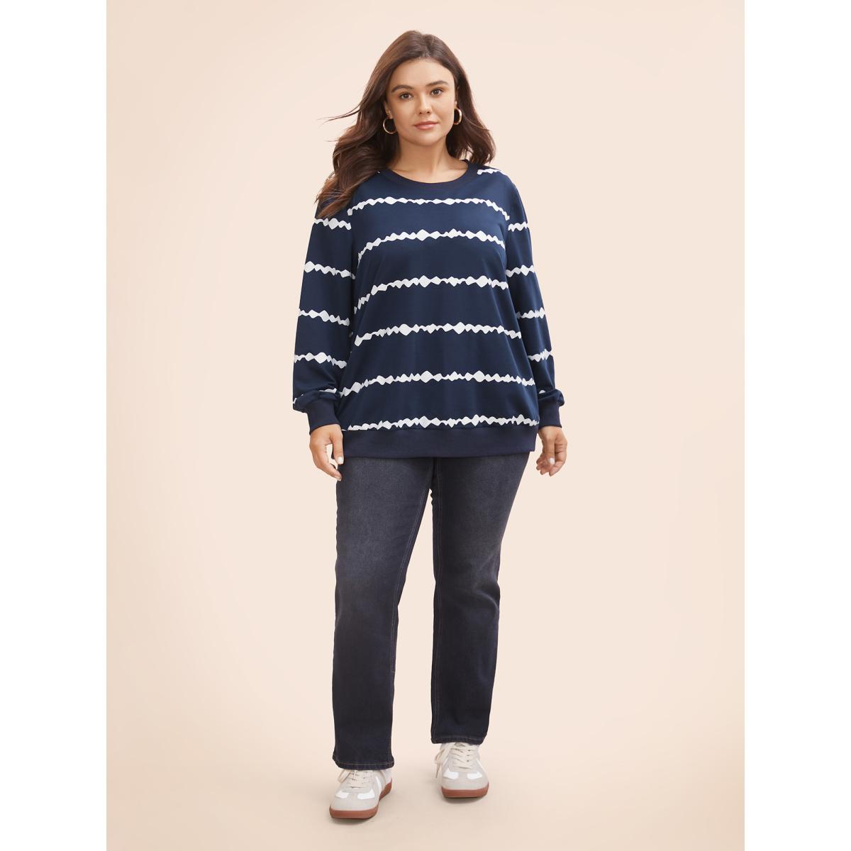 Plus Size Round Neck Asymmetrical Striped Sweatshirt Women Midnight Casual Contrast Round Neck Everyday Sweatshirts BloomChic 14-16/1X Product Image