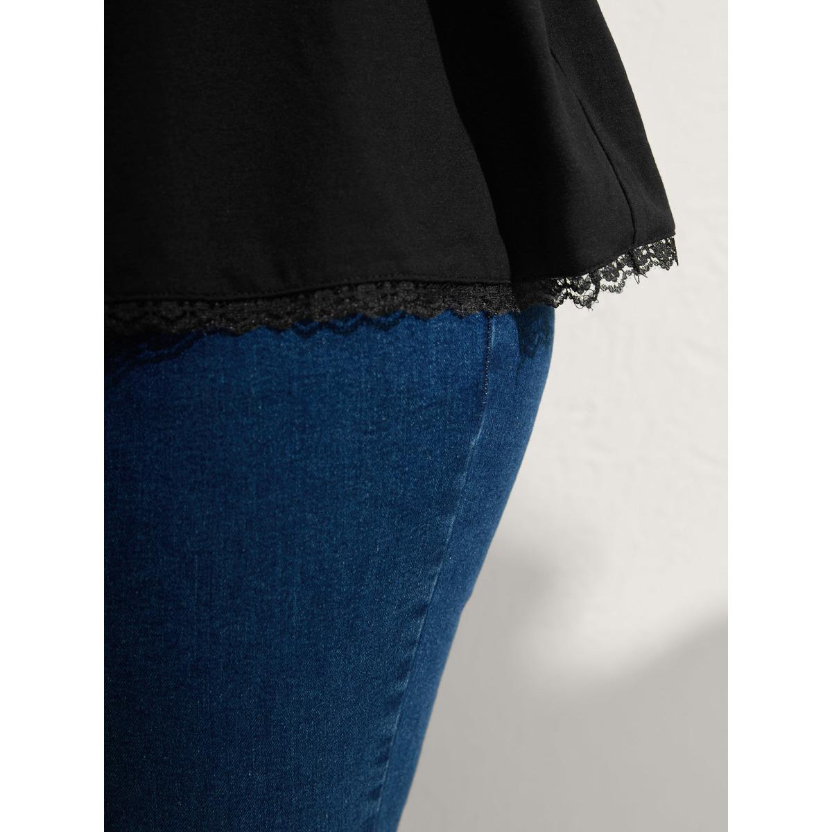 Plus Size Lace Neck Flowy Sleeve Solid T-Shirt Black Women Round Neck Vacation T-shirts BloomChic 28/5X Product Image
