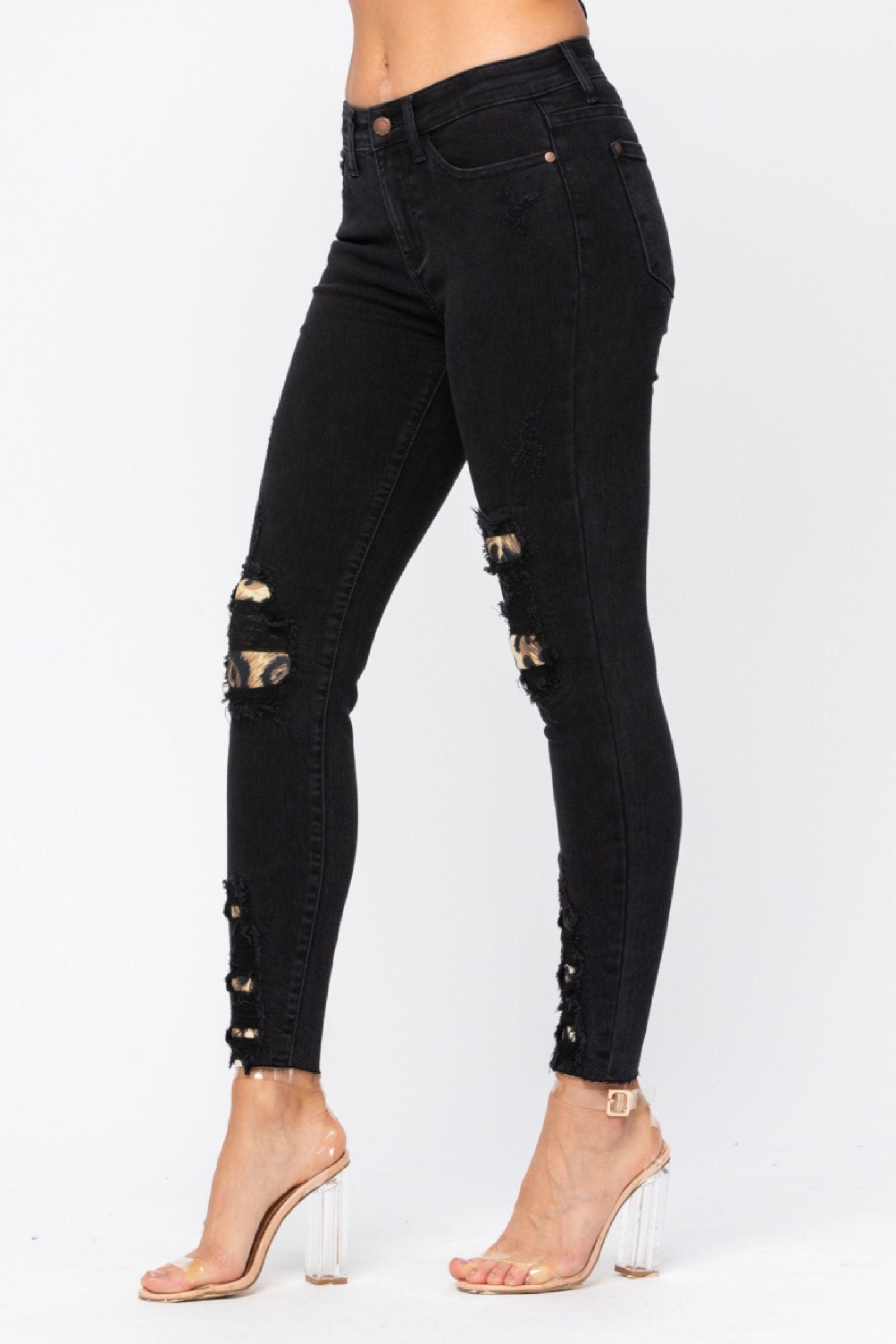 82168   Juliana Black Mid-Rise Skinny Leopard Patch Judy Blue Jeans Product Image