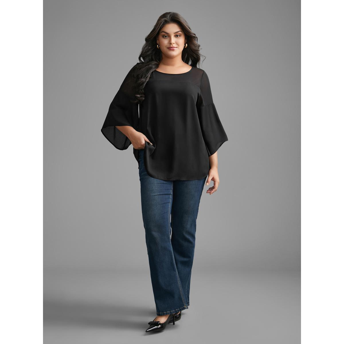 Plus Size Black Crew Neck Mesh Patchwork Bell Sleeve Blouse Women Elegant Elbow-length sleeve Round Neck Everyday Blouses BloomChic 14-16/1X Product Image