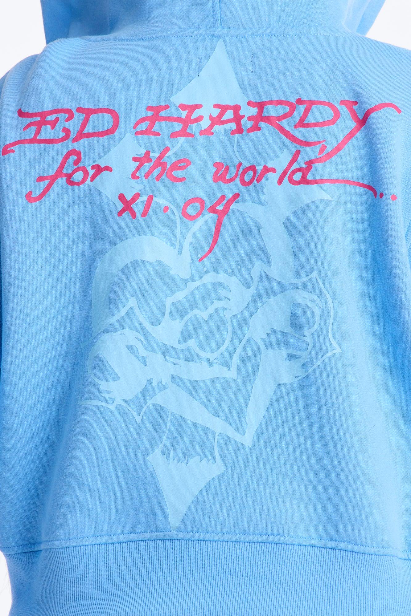 Ed Hardy Pink Flame Skull Fleece Short Set - Blue Female Product Image