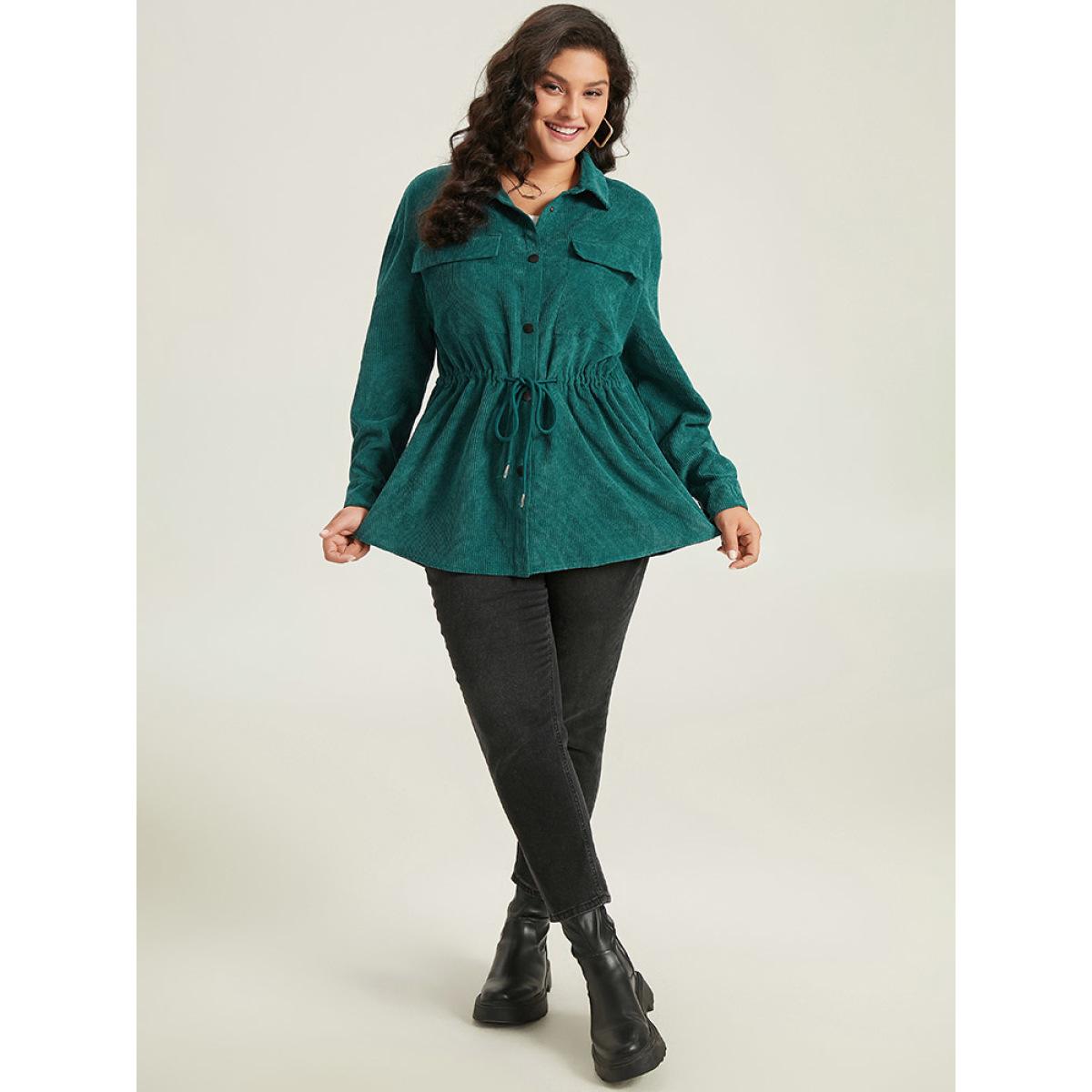 Plus Size Plain Corduroy Pocket Button Up Drawstring Gathered Coat Women Cyan Casual Plain Ladies Dailywear Winter Coats BloomChic 10/M Product Image