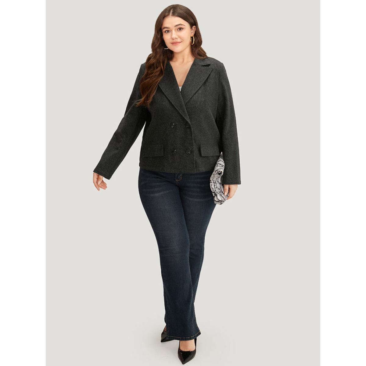 Plus Size Lapel Collar Plain Textured Button Up Blazer DimGray Women Office Plain Plain Sleeve Long Sleeve Lapel Collar 18-20/2X Office Blazers BloomChic Product Image