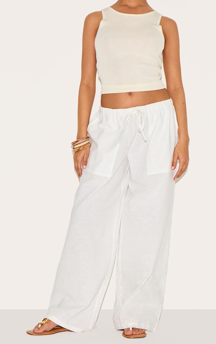 Petite White Linen Drawstring Waist Pants Product Image