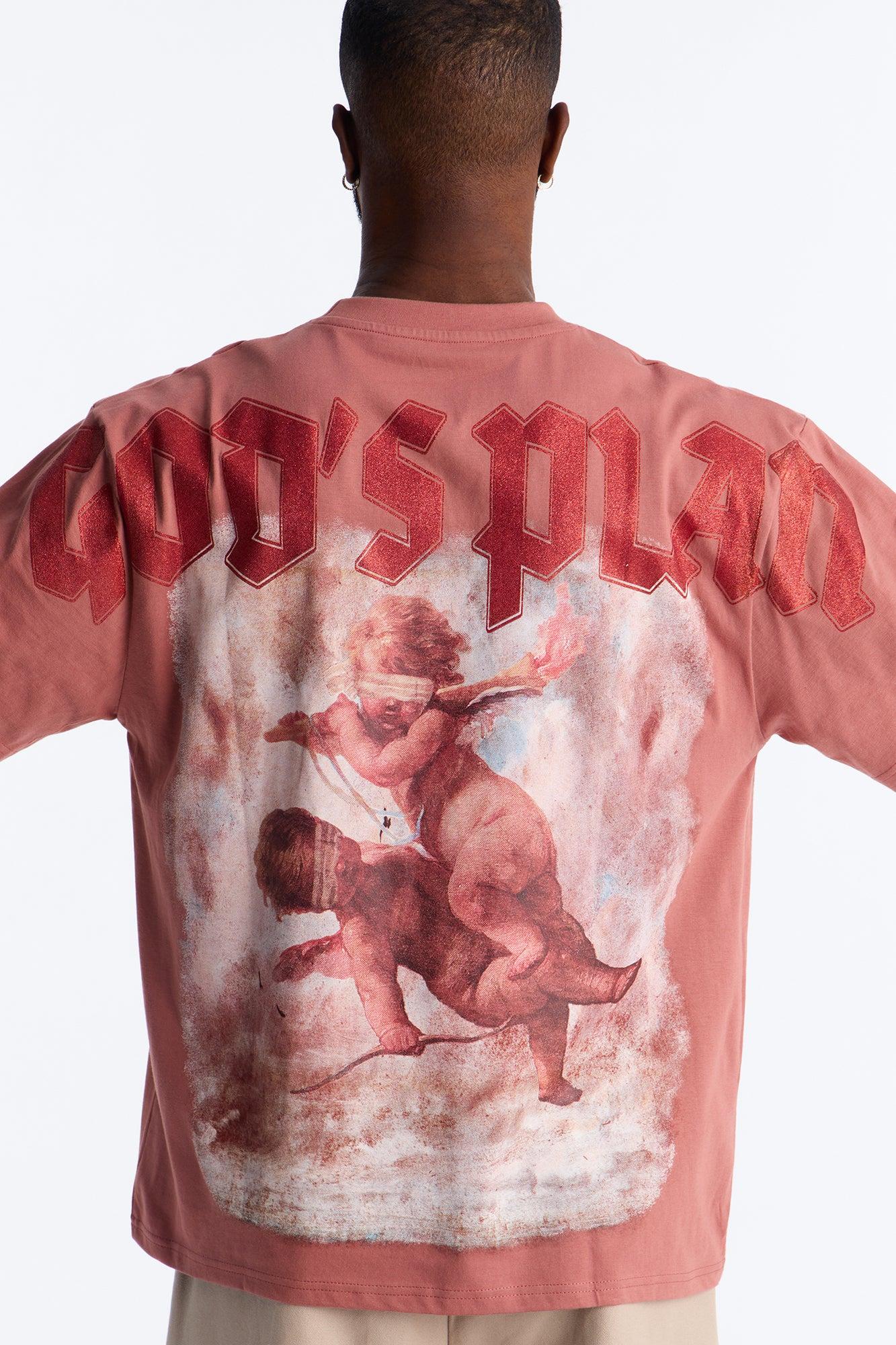 God's Plan Glitter Print Oversized Short Sleeve Tee - Mauve Male Product Image