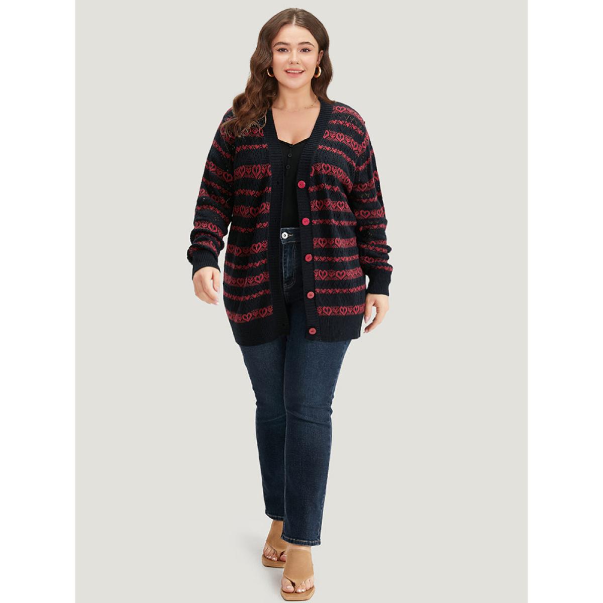 Plus Size Heart Graphic Button Through Eyelet Cardigan Scarlet Women Casual Loose Long Sleeve Dailywear Cardigans BloomChic 22-24/3X Product Image