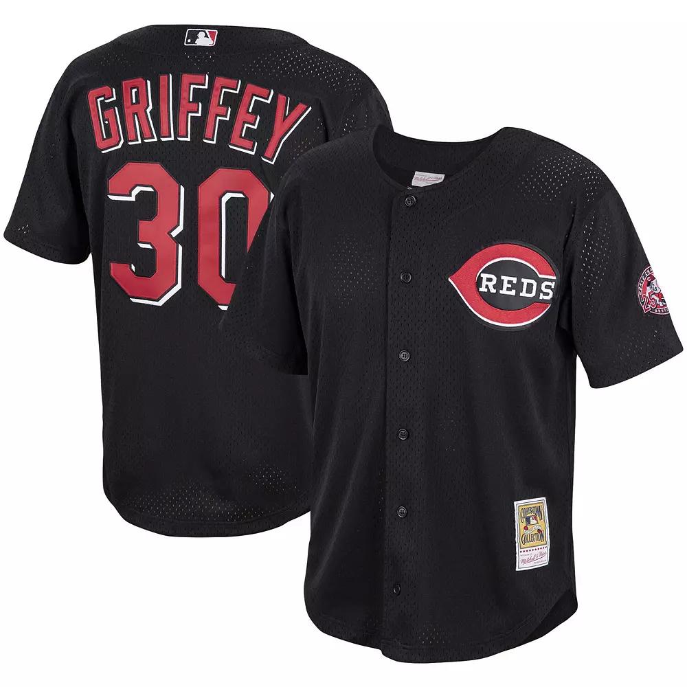 Men's Mitchell & Ness Ken Griffey Jr. Black Cincinnati Reds Cooperstown Collection Mesh Batting Practice Button-Up Jersey,  Product Image