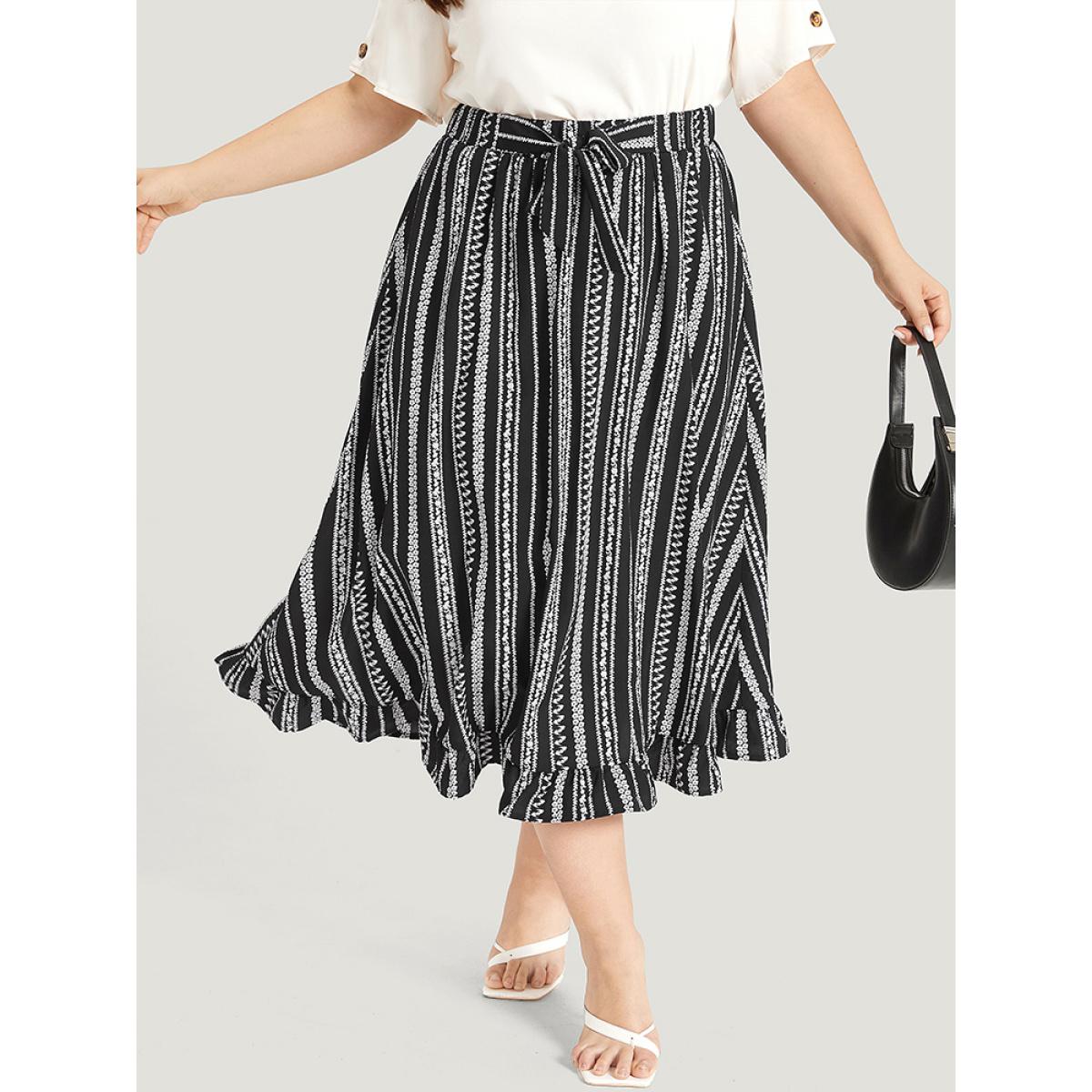 Plus Size Striped Bowknot Pocket Ruffle Trim Skirt Women Black Office Cross straps No stretch Pocket Work Skirts BloomChic 30/6X Product Image