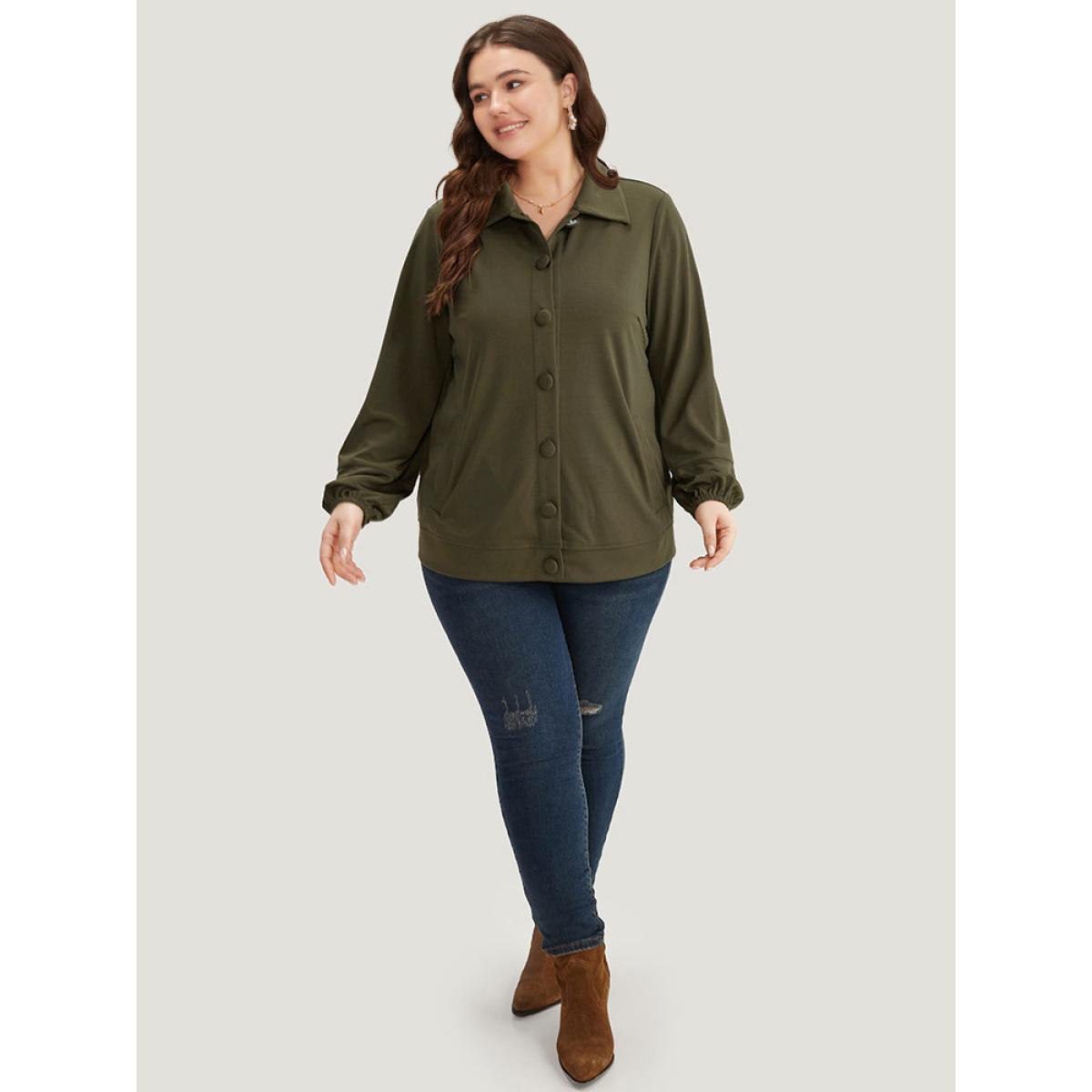 Plus Size Plain Slant Pocket Button Up Elastic Cuffs Jacket Women ArmyGreen Elastic cuffs Pocket Everyday Jackets BloomChic 30/6X Product Image