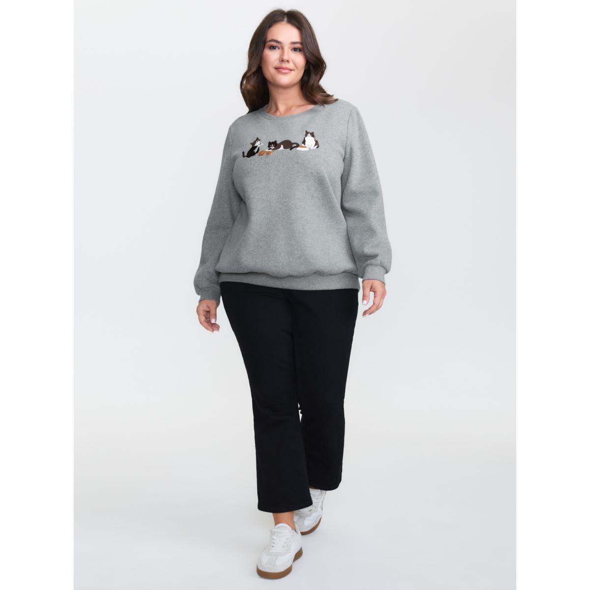 Plus Size Cat Towel Embroidery Fleece Lined Sweatshirt Women DarkGray Embroidered Round Neck Casual Sweatshirts BloomChic 30/6X Product Image