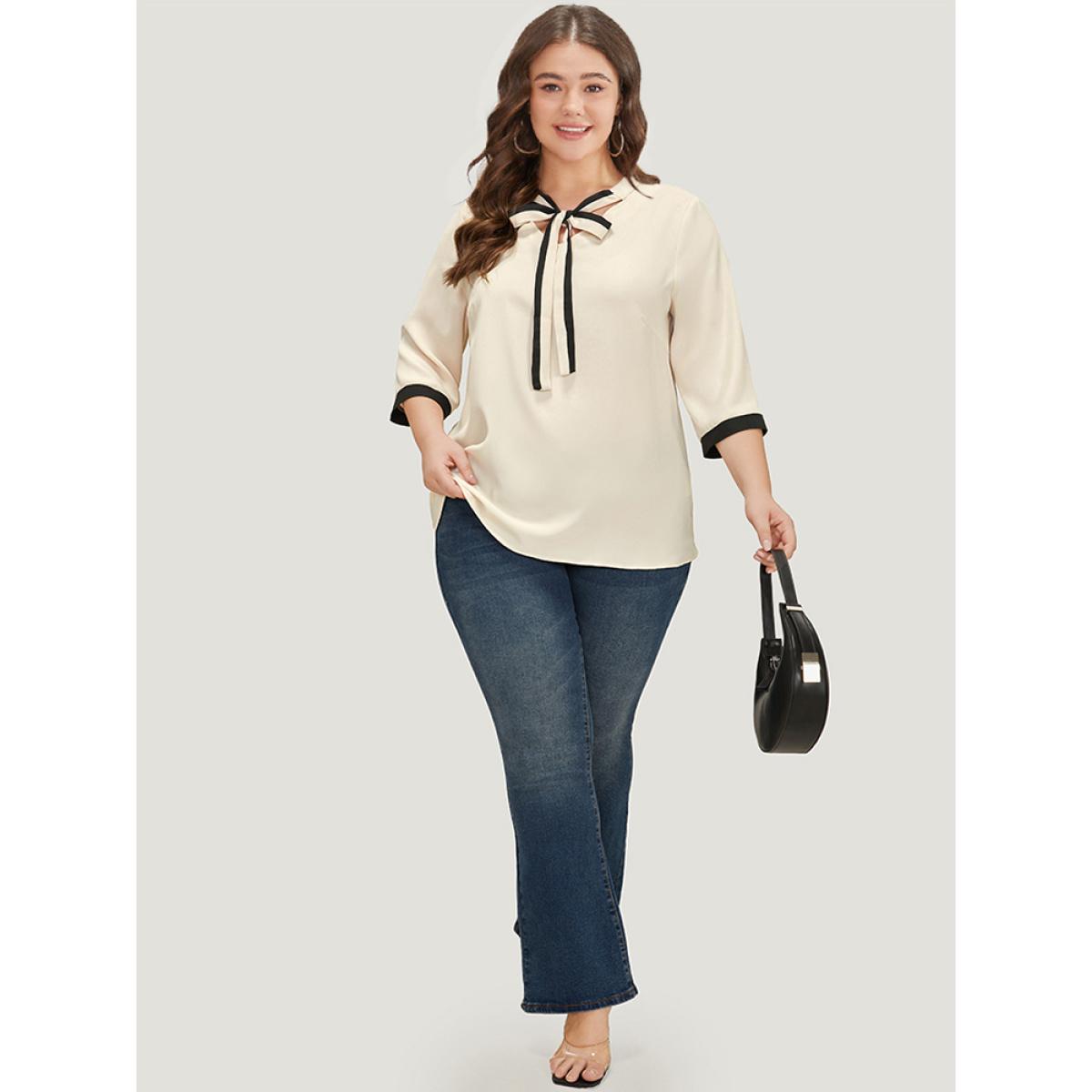 Plus Size Ivory Contrast Trim Knot Neck Blouse Women Office Elbow-length sleeve Tie Neck Work Blouses BloomChic 22-24/3X Product Image