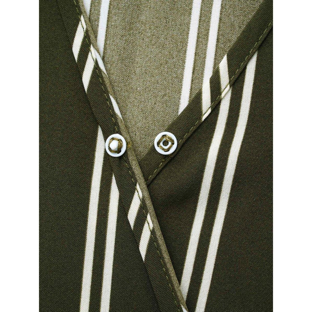 Plus Size Striped Tie Knot Lantern Sleeve Dress ArmyGreen Women Elegant Overlapping Shirt collar Long Sleeve Curvy BloomChic 26/4X Product Image