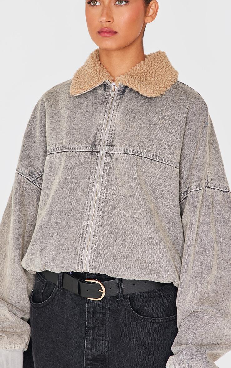 Light Grey Borg Collar Denim Bomber Jacket Product Image