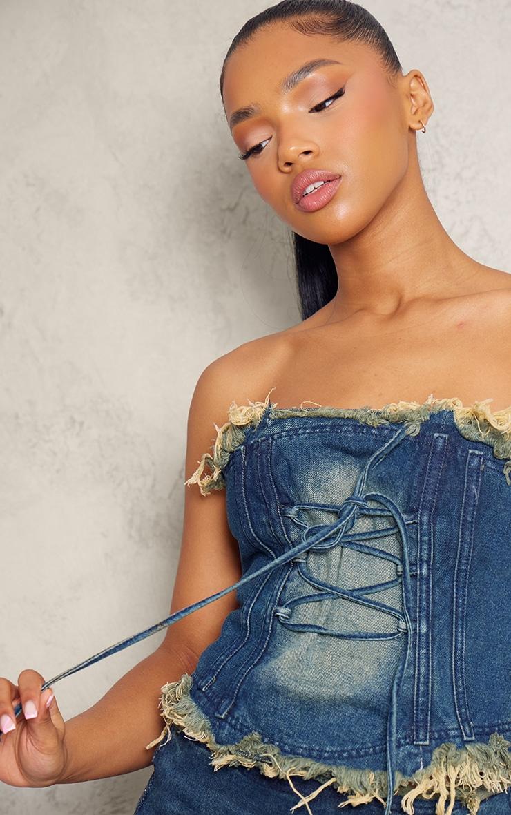 Vintage Blue Extreme Raw Edge Lace Up Denim Corset Product Image