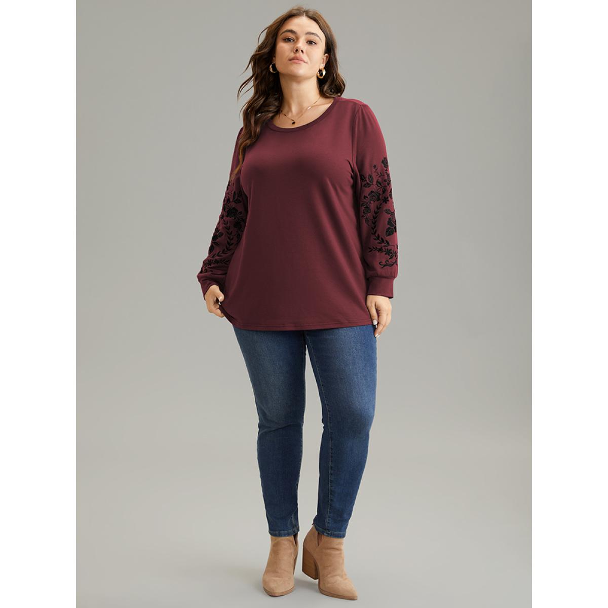 Plus Size Plants Embroidered Elastic Cuffs Crew Neck Sweatshirt Women Burgundy Casual Embroidered Round Neck Everyday Sweatshirts BloomChic 22-24/3X Product Image