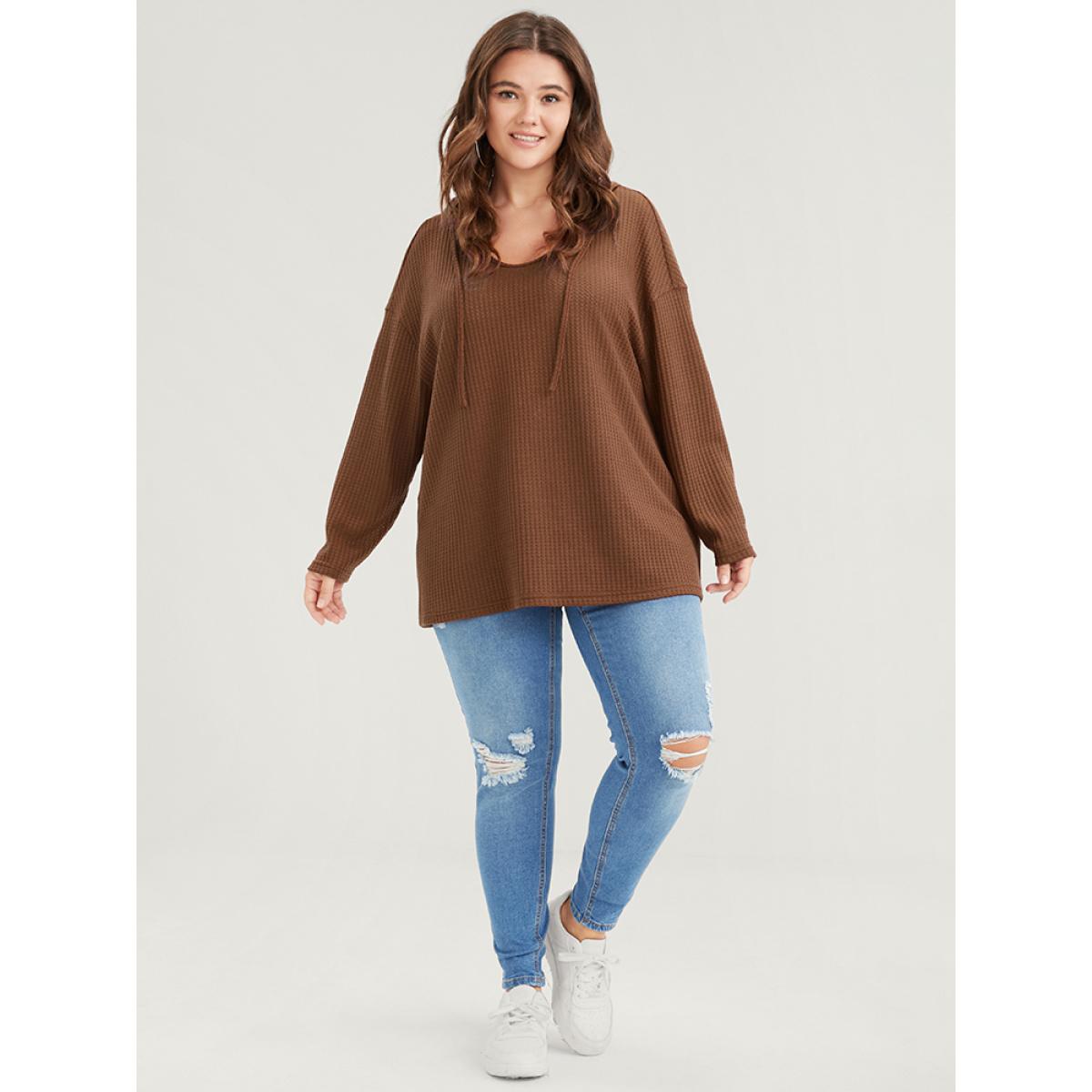 Plus Size Plain Ties Waffle Knit Hooded Sweatshirt Women Chocolate Casual Plain Hooded Dailywear Sweatshirts BloomChic 10/M Product Image