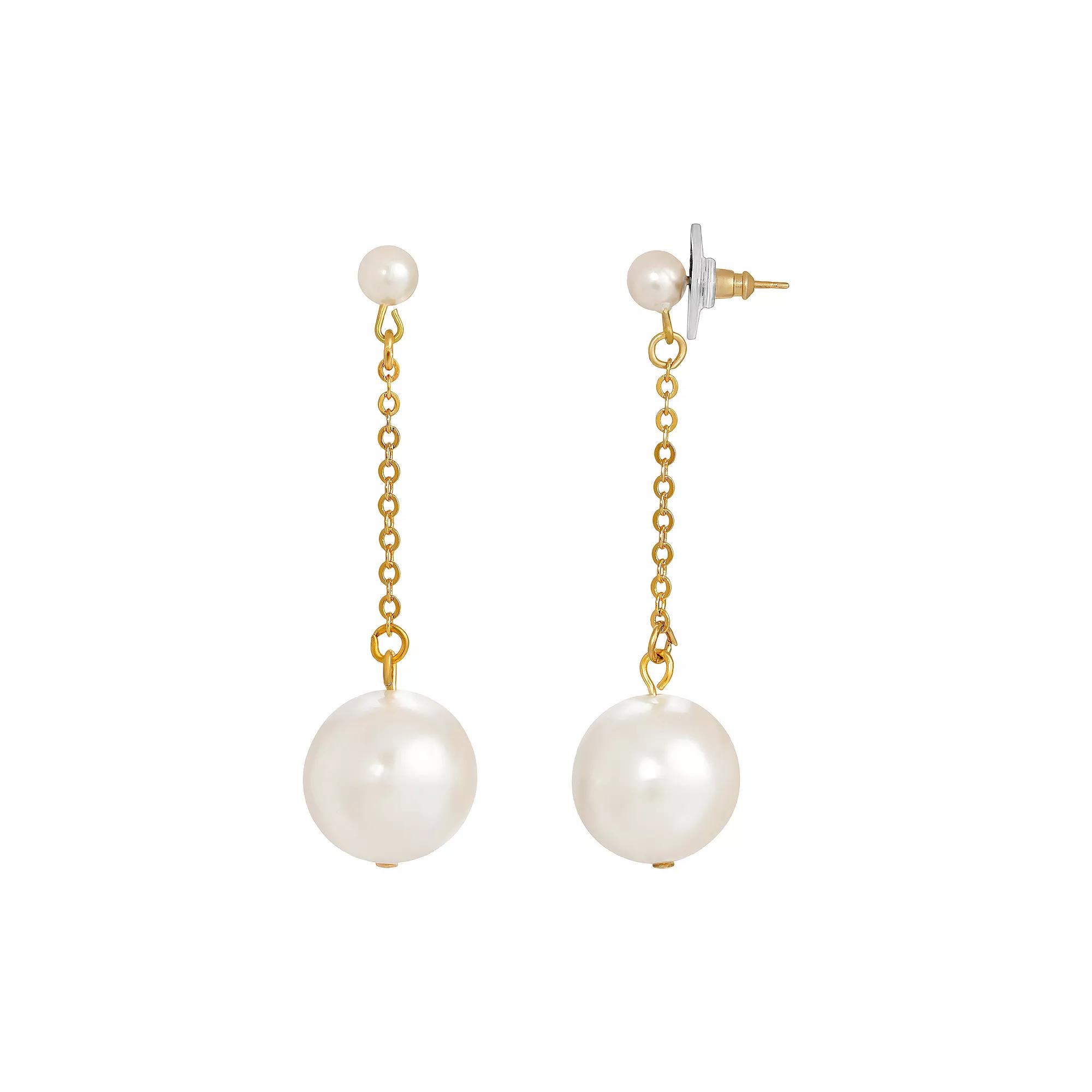 1928 Gold Tone Simulated Pearl Chain Drop Post Earrings, Women's, White Product Image