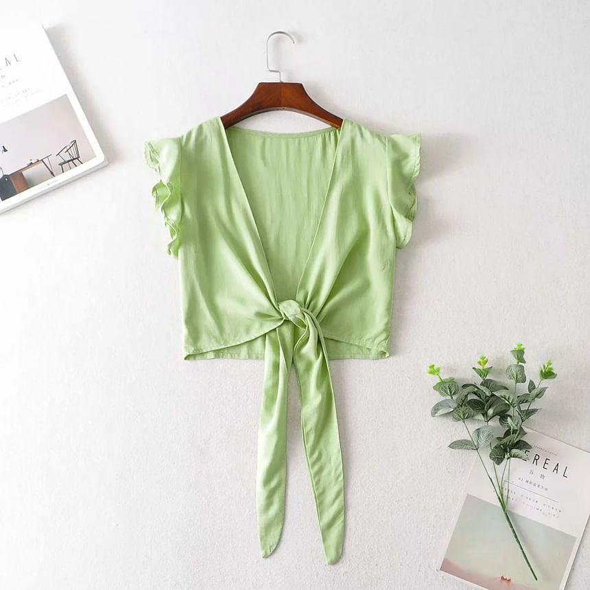 Sleeveless V-Neck Plain Ruffle Tie Front Crop Top Product Image