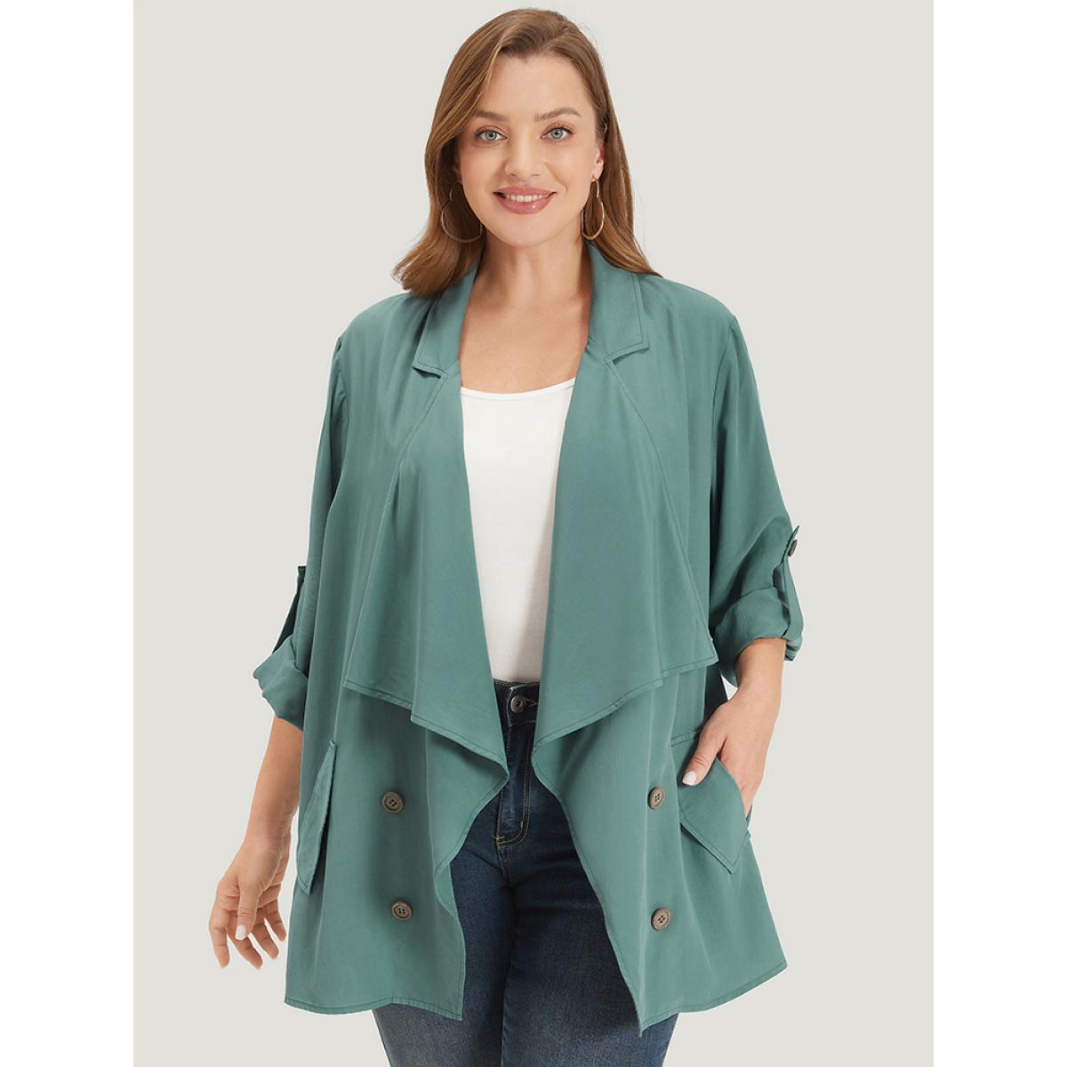 Plus Size Solid Pocket Asymmetrical Neck Roll Tab Sleeve Jacket Women Emerald Plain Loose Pocket Dailywear Jackets BloomChic 30/6X Product Image