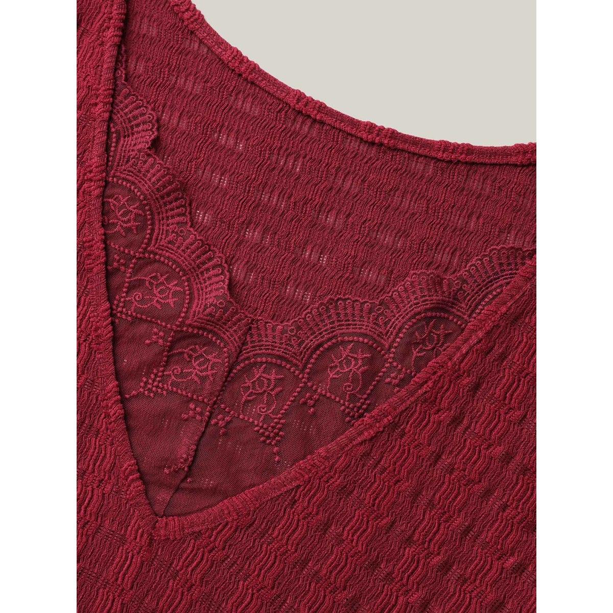 Plus Size Textured Back Lace Cut-Out Stretchy T-Shirt Burgundy Women Leisure Texture Boat Neck Casual T-shirts BloomChic 10/M Product Image