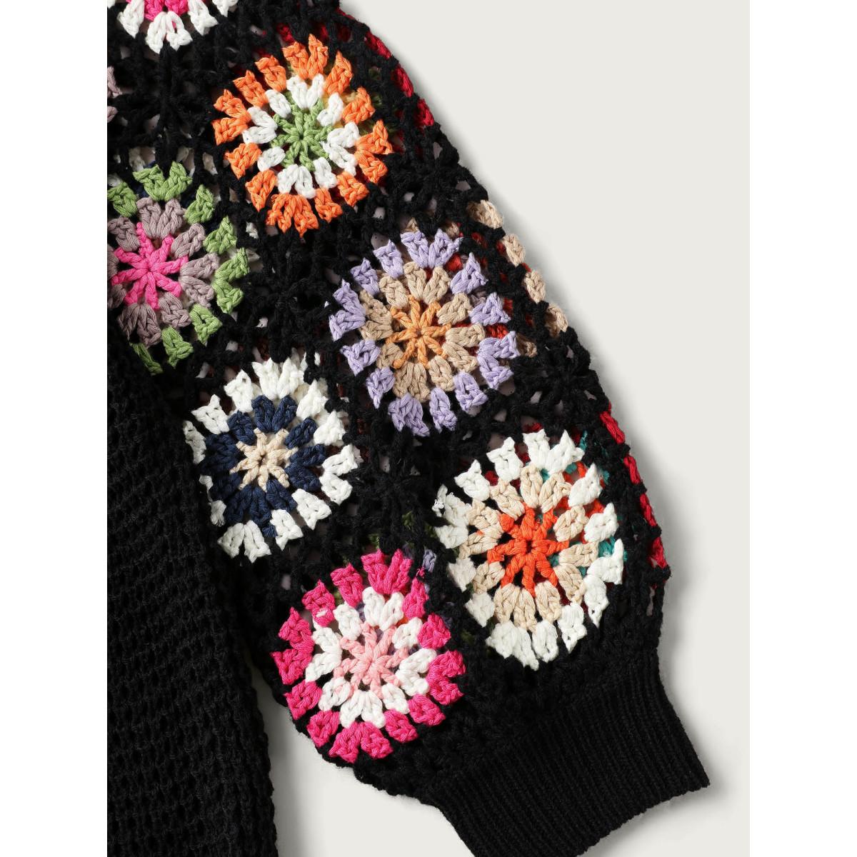 Plus Size Crochet Floral Drop Shoulder Cut Out Cardigan Black Women Playful Loose Long Sleeve Casual Cardigans BloomChic 28/5X Product Image