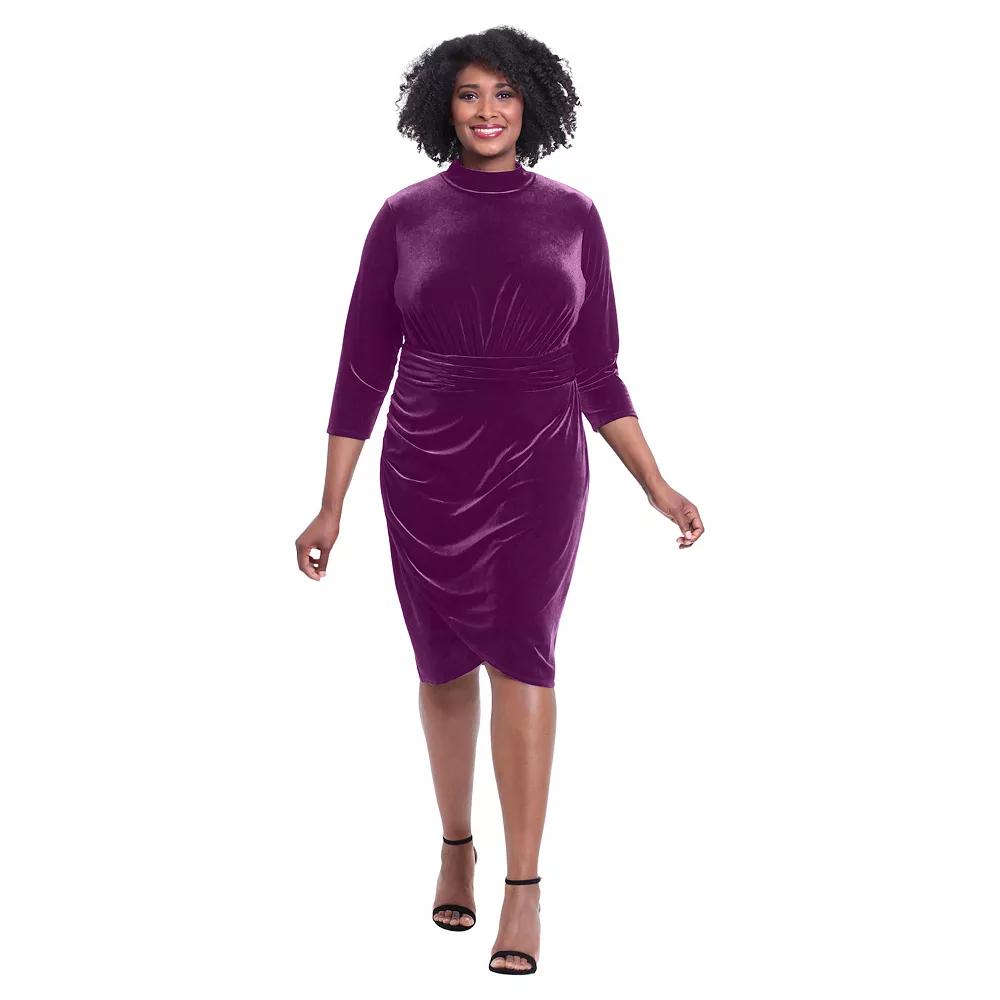Plus Size London Times Mockneck Ruched Velvet Dress, Women's, Size: 24 W, Purple Product Image